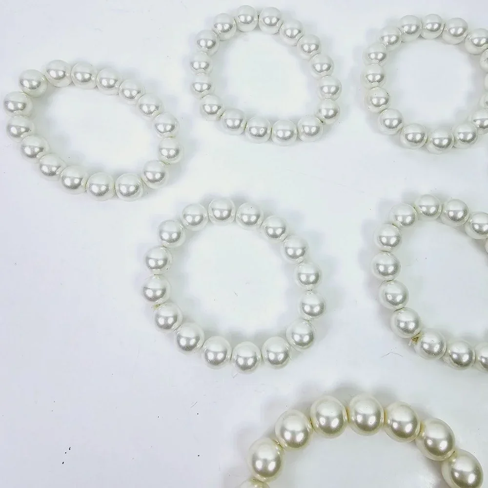 Set of 6 Large Rounded White Pearl Bracelets, Stretch PLUS Bonus Bracelet!